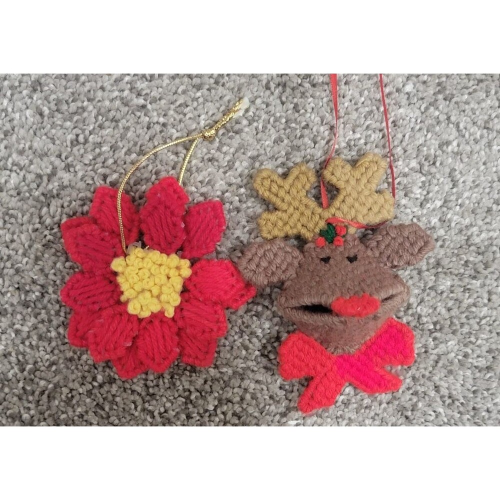 Set of 2 Vintage Plastic Canvas Kiss Ornaments Flower Reindeer Snowman Christmas